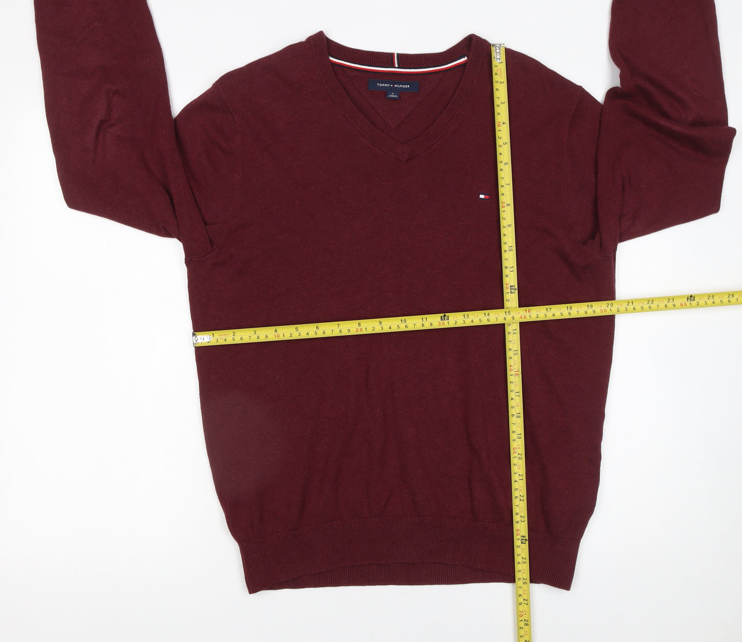 Tommy Hilfiger Men’s Red V-Neck Cotton Jumper M Classic Knit