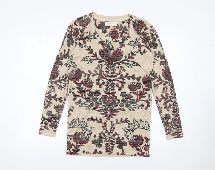 Next Women Beige Floral V-Neck Pullover Jumper Size 10