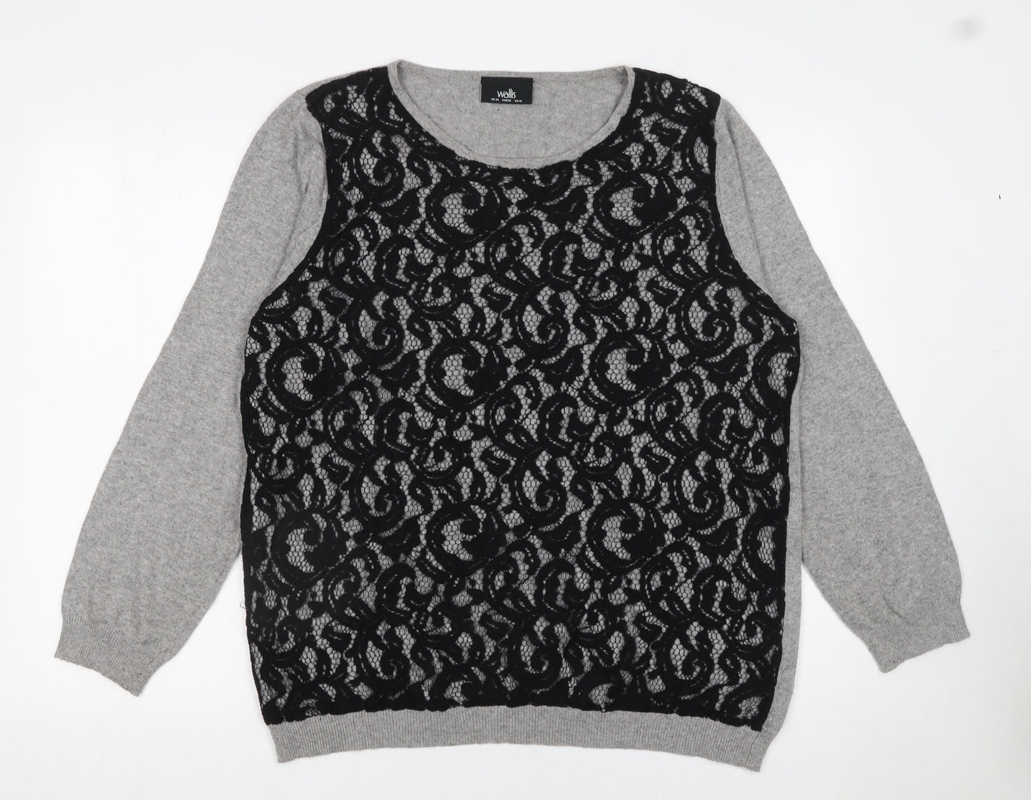 Wallis Women’s Grey Lace Front Long Sleeve Pullover Jumper Size 20
