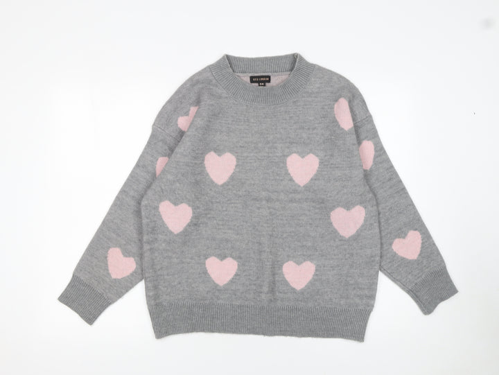 QED London Women Grey Pink Heart Knit Pullover Jumper M