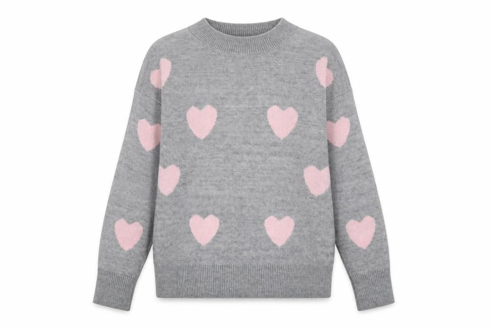Front view of QED London Women Grey Pink Heart Knit jumper M