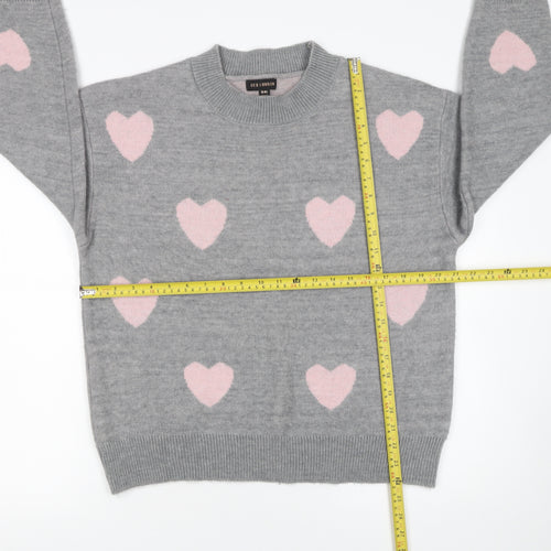 QED London Women Grey Pink Heart Knit Pullover Jumper M