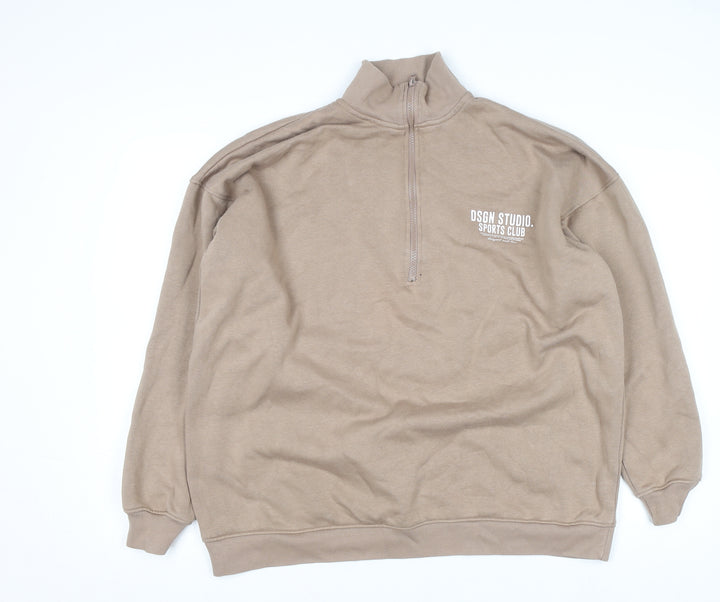 Boohoo Men Beige 1/2 Zip High Neck Sweatshirt Size S Regular Fit