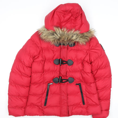 Brave Soul Womens Red Faux Fur Hooded Puffer Jacket Size 8