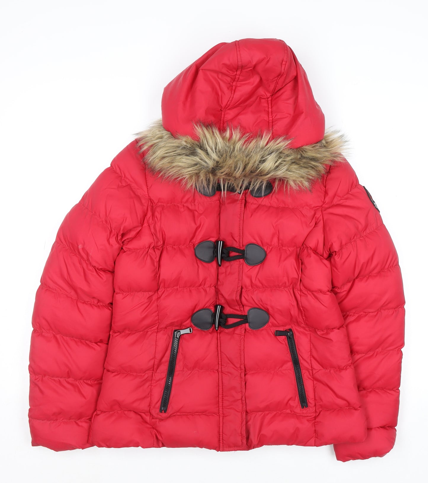 Brave Soul Womens Red Faux Fur Hooded Puffer Jacket Size 8