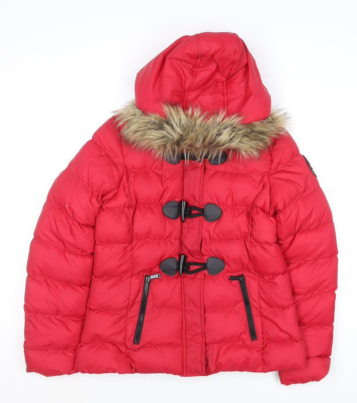 Brave Soul Womens Red Faux Fur Hooded Puffer Jacket Size 8