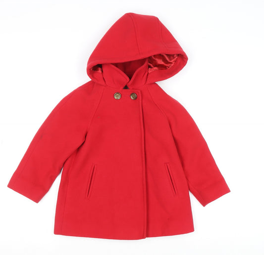 Next Girls Red Hooded Mid-Length Coat 2-3 Years Lined Winter Outerwear