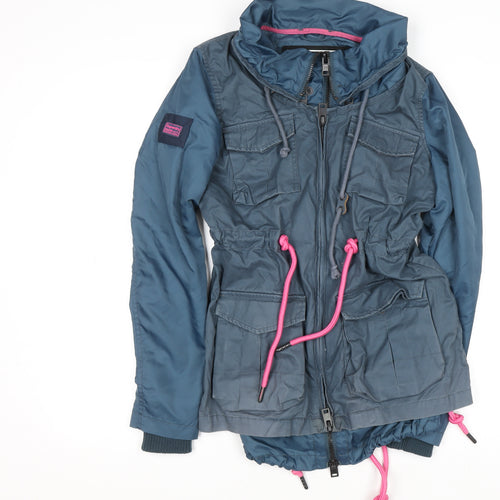 Superdry Women's Blue XS Hooded Parka Jacket with Pink Drawstrings