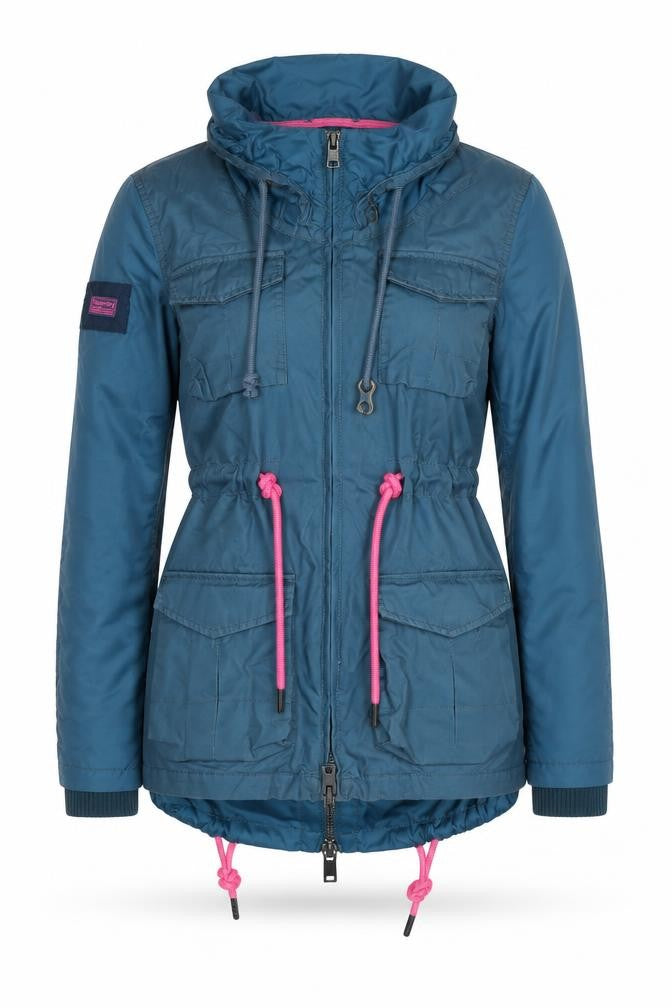 Front view of Superdry Women's Blue XS Hooded Parka Jacket with Pink Drawstrings