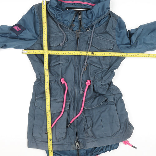 Superdry Women's Blue XS Hooded Parka Jacket with Pink Drawstrings