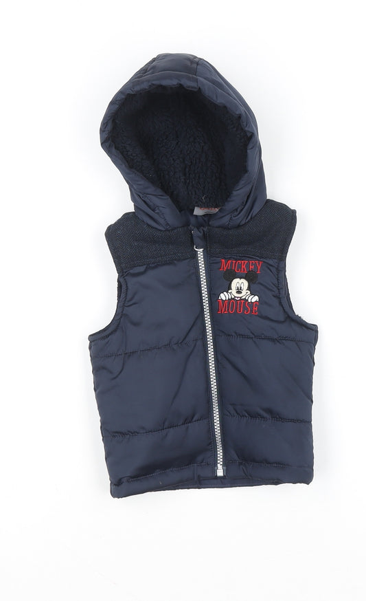Front view of Disney Baby boys’ blue mickey mouse hooded puffer gilet 6-9 months