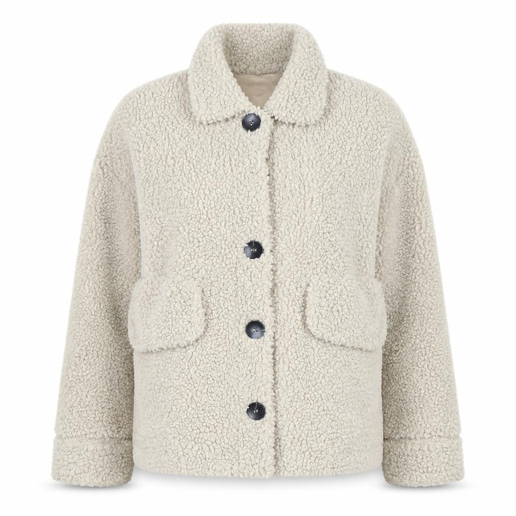 Front view of Boohoo women’s beige faux fur lined short jacket, size UK 8