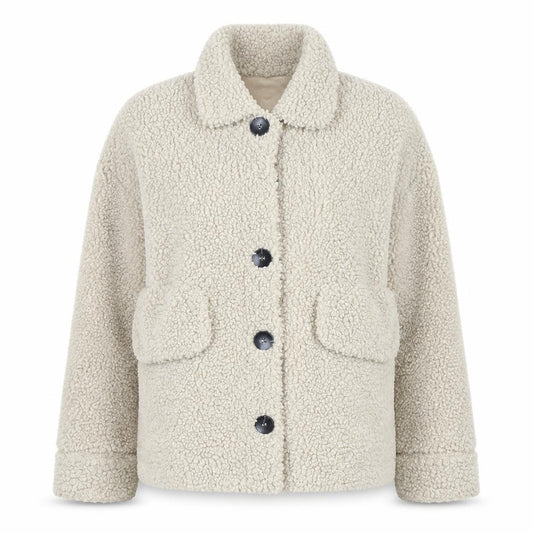 Front view of Boohoo women’s beige faux fur lined short jacket, size UK 8