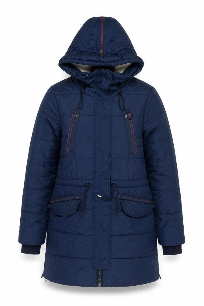 Front view of Vero Moda women’s blue hooded long parka coat, size S