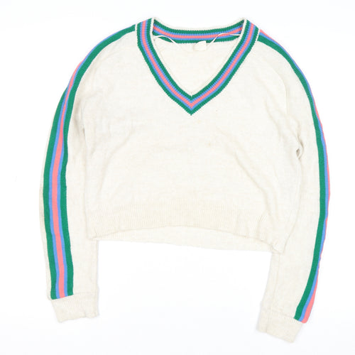 Urban Outfitters Women Ivory V-Neck Striped Sleeve Knit Jumper Size M