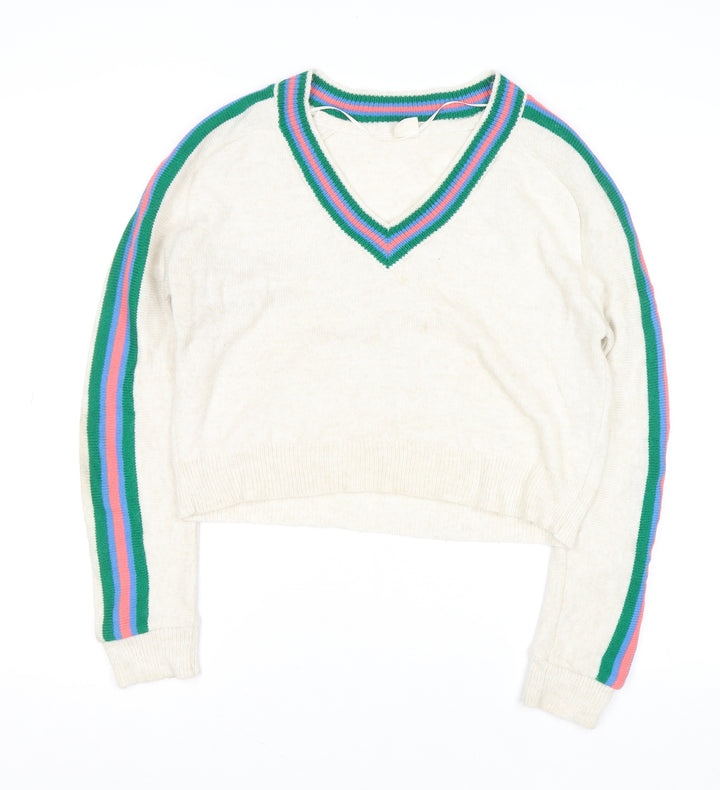 Urban Outfitters Women Ivory V-Neck Striped Sleeve Knit Jumper Size M