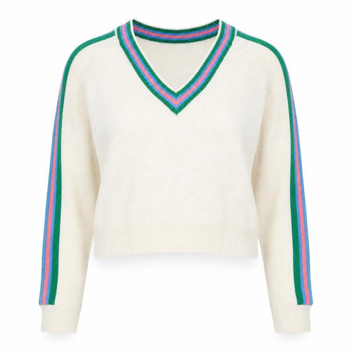 Urban Outfitters Women Ivory V-Neck Striped Sleeve Knit Jumper Size M