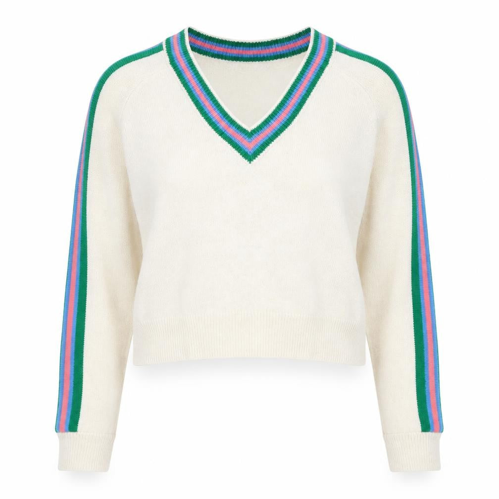 Urban Outfitters Women Ivory V-Neck Striped Sleeve Knit Jumper Size M