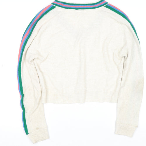 Urban Outfitters Women Ivory V-Neck Striped Sleeve Knit Jumper Size M