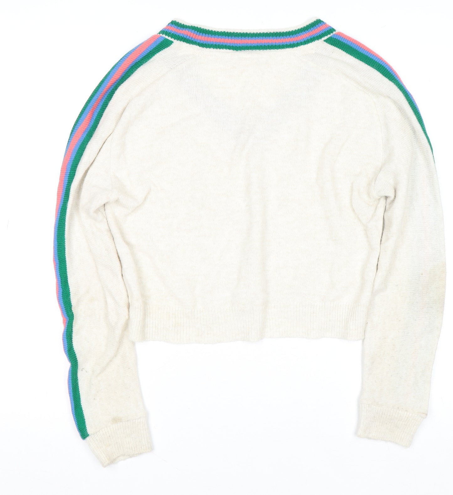 Urban Outfitters Women Ivory V-Neck Striped Sleeve Knit Jumper Size M