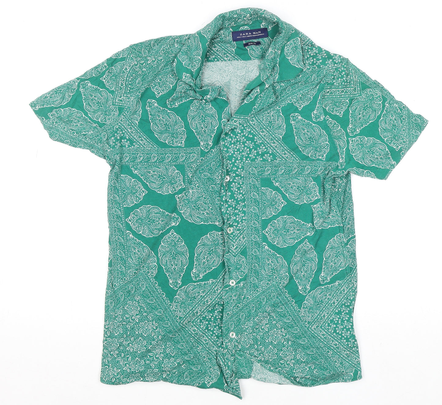Zara Man Green Paisley Slim Fit Short Sleeve Men's Button-Up Shirt Size S