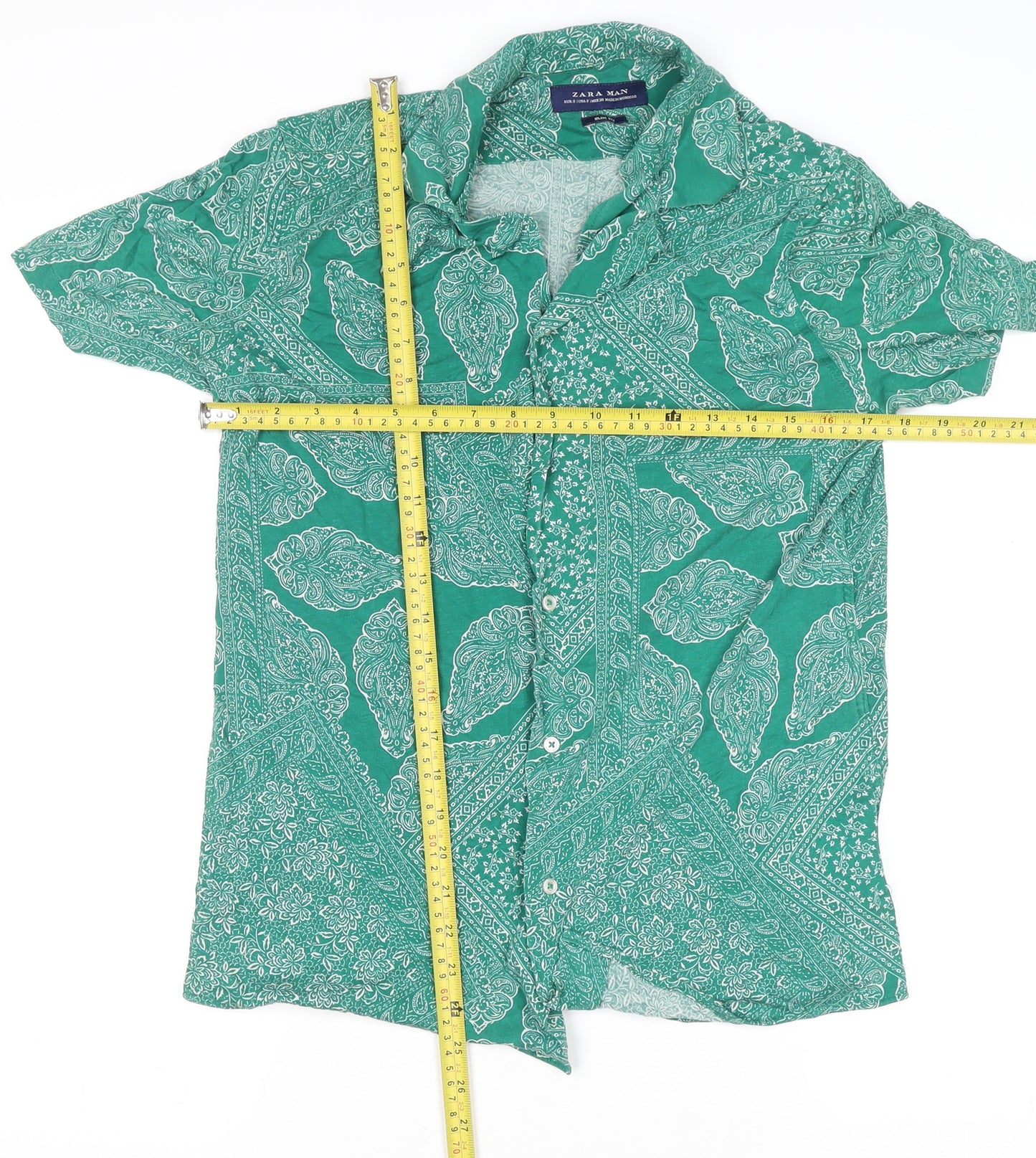 Zara Man Green Paisley Slim Fit Short Sleeve Men's Button-Up Shirt Size S