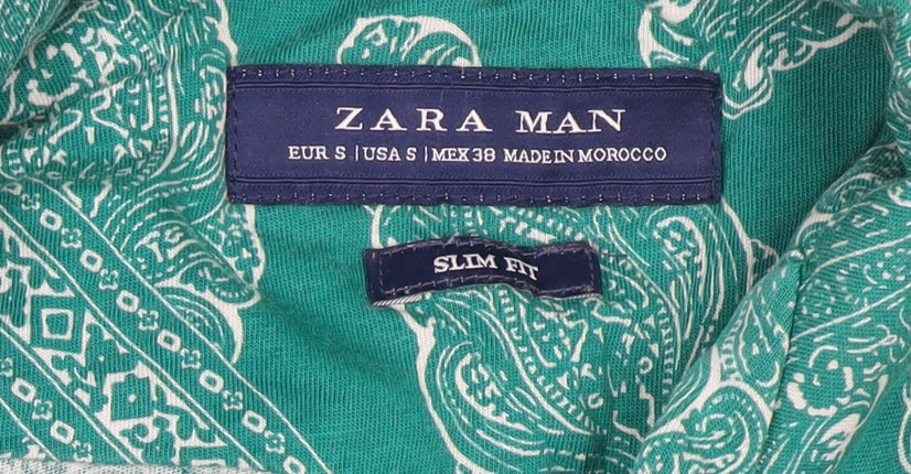 Zara Man Green Paisley Slim Fit Short Sleeve Men's Button-Up Shirt Size S
