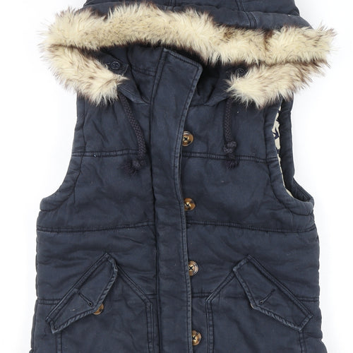 River Island Women's Blue Hooded Fur Trim Padded Waistcoat Size 8