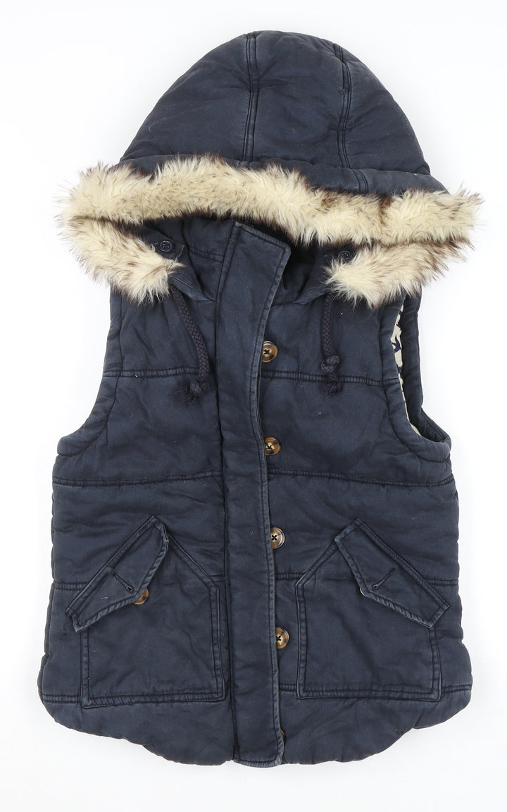 River Island Women's Blue Hooded Fur Trim Padded Waistcoat Size 8