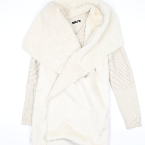 Quiz Women Ivory Faux Fur Trim Open Knit Long Sleeve Cardigan M