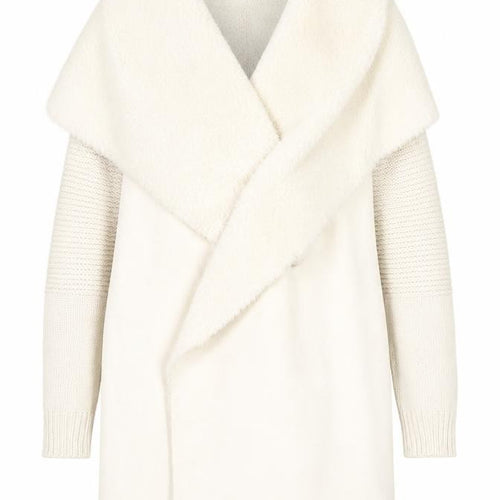 Quiz Women Ivory Faux Fur Trim Open Knit Long Sleeve Cardigan M