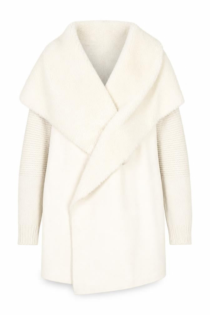 Quiz Women Ivory Faux Fur Trim Open Knit Long Sleeve Cardigan M