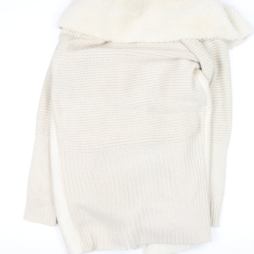 Quiz Women Ivory Faux Fur Trim Open Knit Long Sleeve Cardigan M