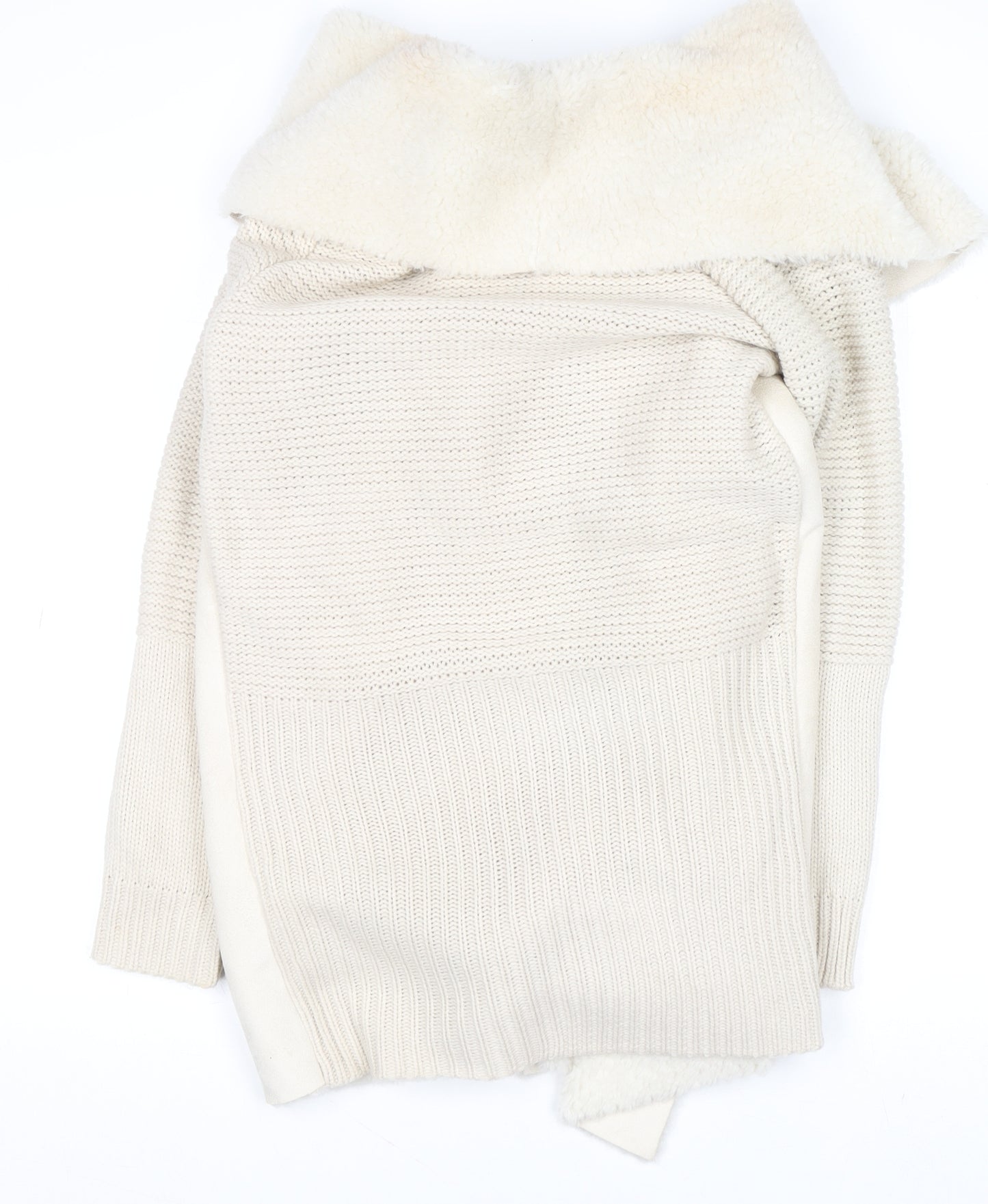 Quiz Women Ivory Faux Fur Trim Open Knit Long Sleeve Cardigan M