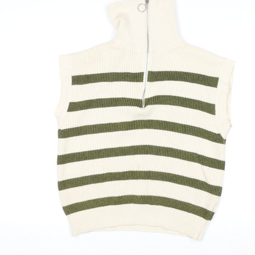 Anthropologie Women’s Ivory Green Striped Knit Zip Neck Sleeveless Jumper M