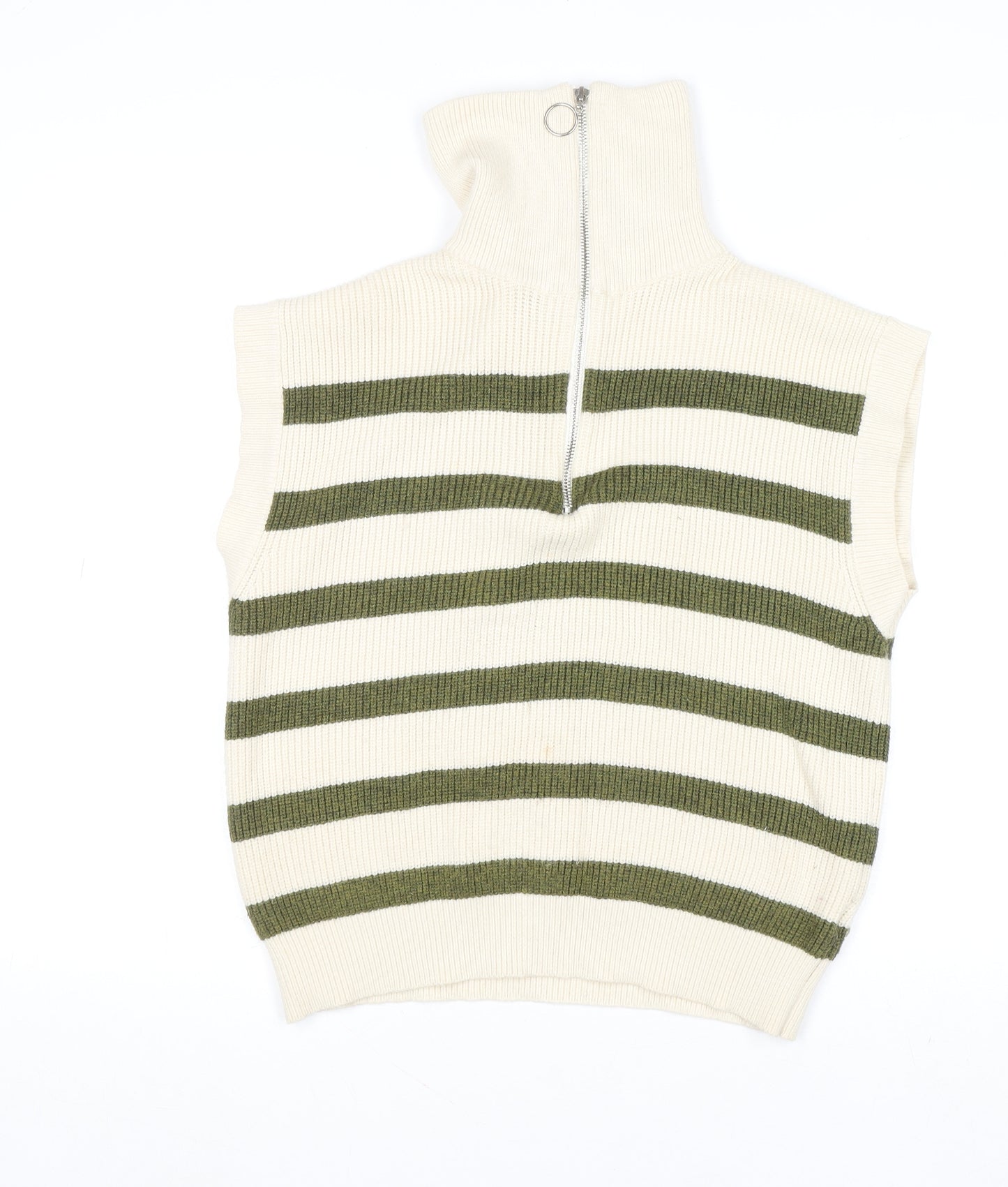 Anthropologie Women’s Ivory Green Striped Knit Zip Neck Sleeveless Jumper M