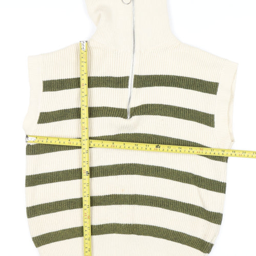 Anthropologie Women’s Ivory Green Striped Knit Zip Neck Sleeveless Jumper M