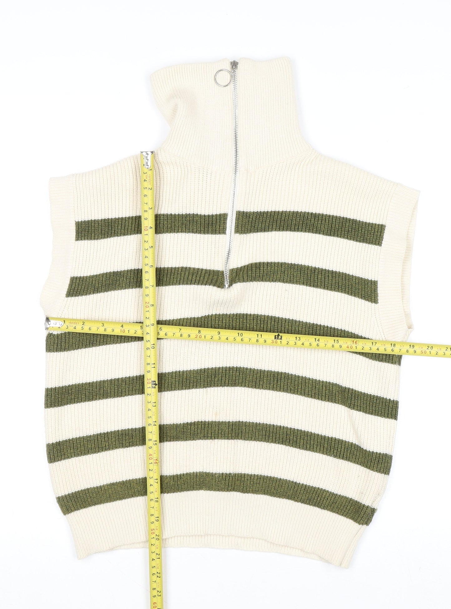Anthropologie Women’s Ivory Green Striped Knit Zip Neck Sleeveless Jumper M