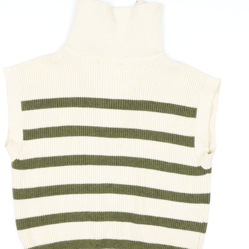 Anthropologie Women’s Ivory Green Striped Knit Zip Neck Sleeveless Jumper M