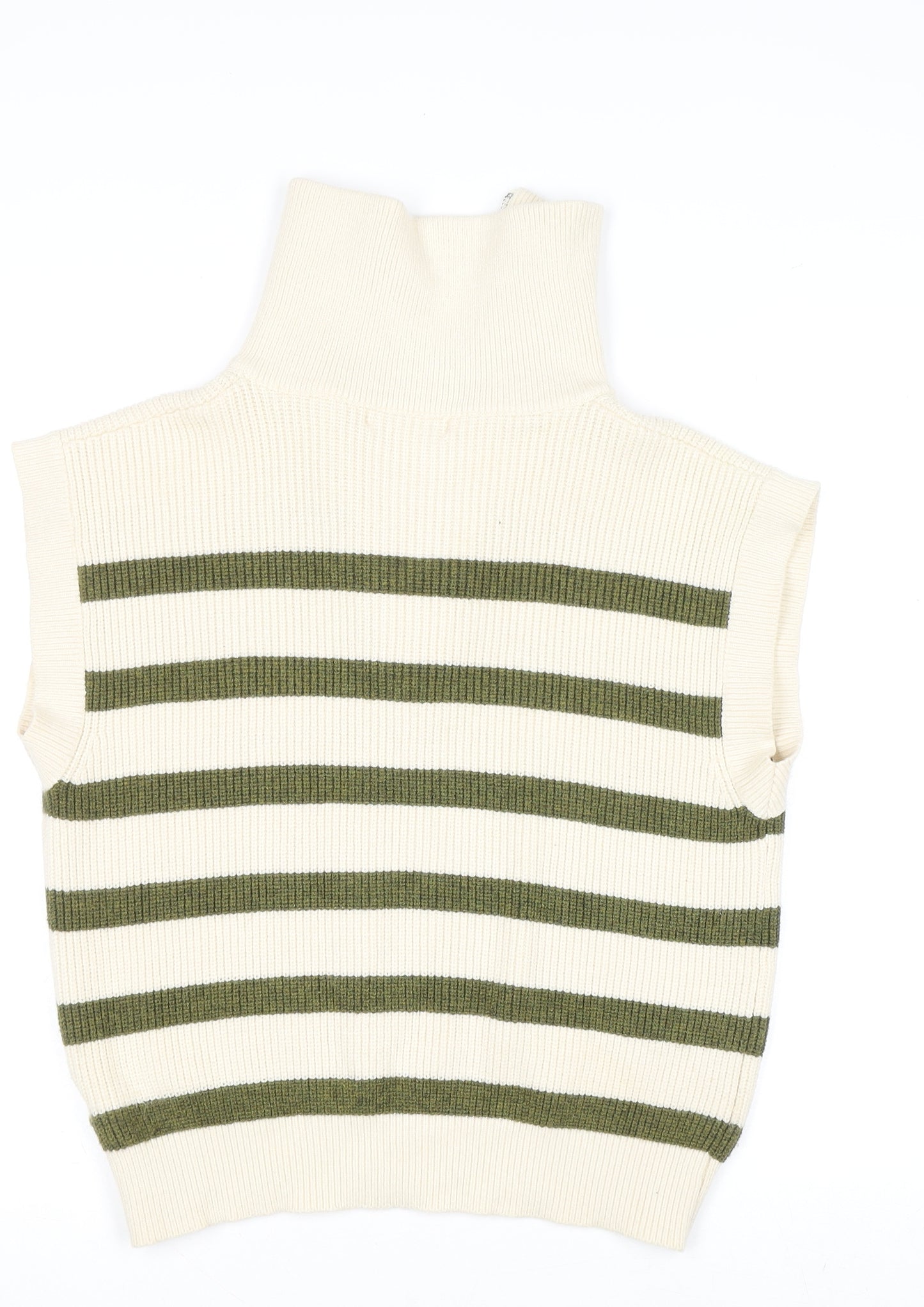 Anthropologie Women’s Ivory Green Striped Knit Zip Neck Sleeveless Jumper M