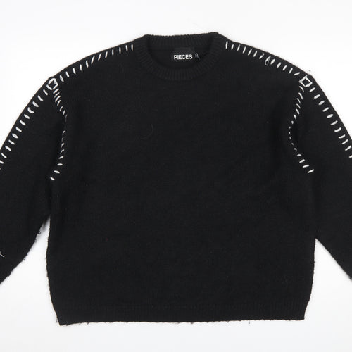 Pieces Women’s Black XL Crew Neck Knit Jumper with White Stitch Detail