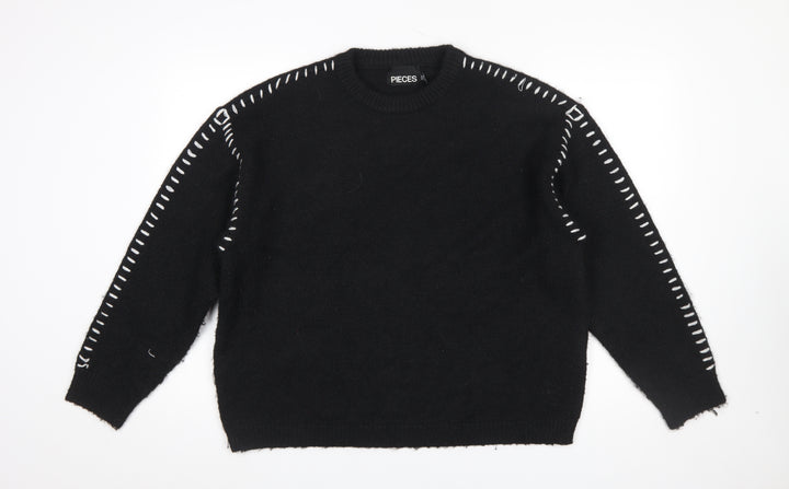 Pieces Women’s Black XL Crew Neck Knit Jumper with White Stitch Detail