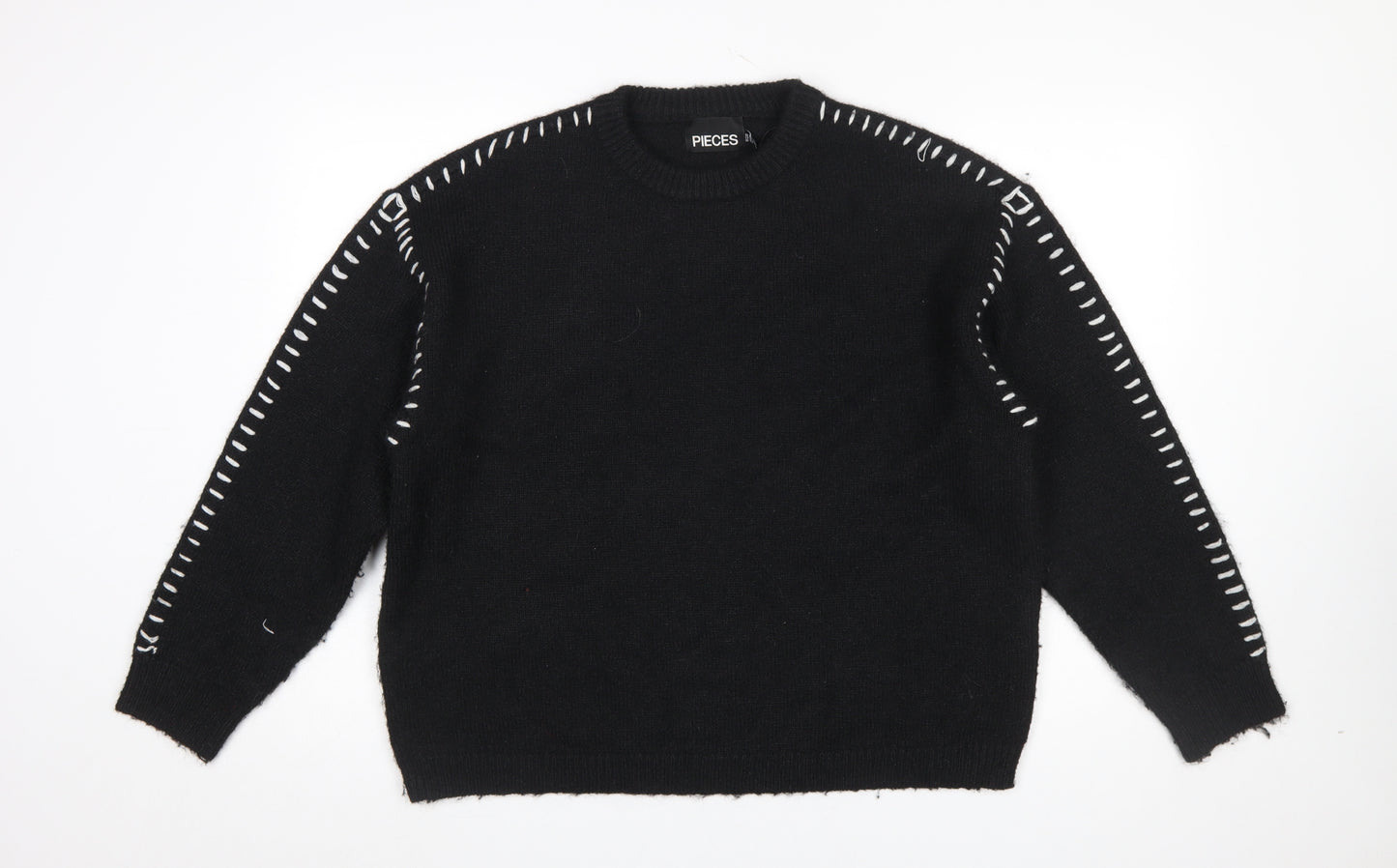 Pieces Women’s Black XL Crew Neck Knit Jumper with White Stitch Detail