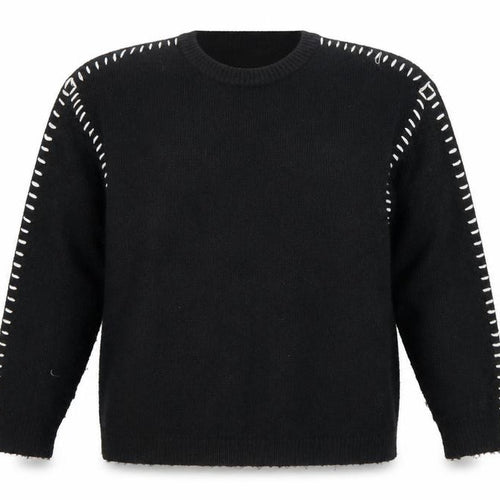 Pieces Women’s Black XL Crew Neck Knit Jumper with White Stitch Detail