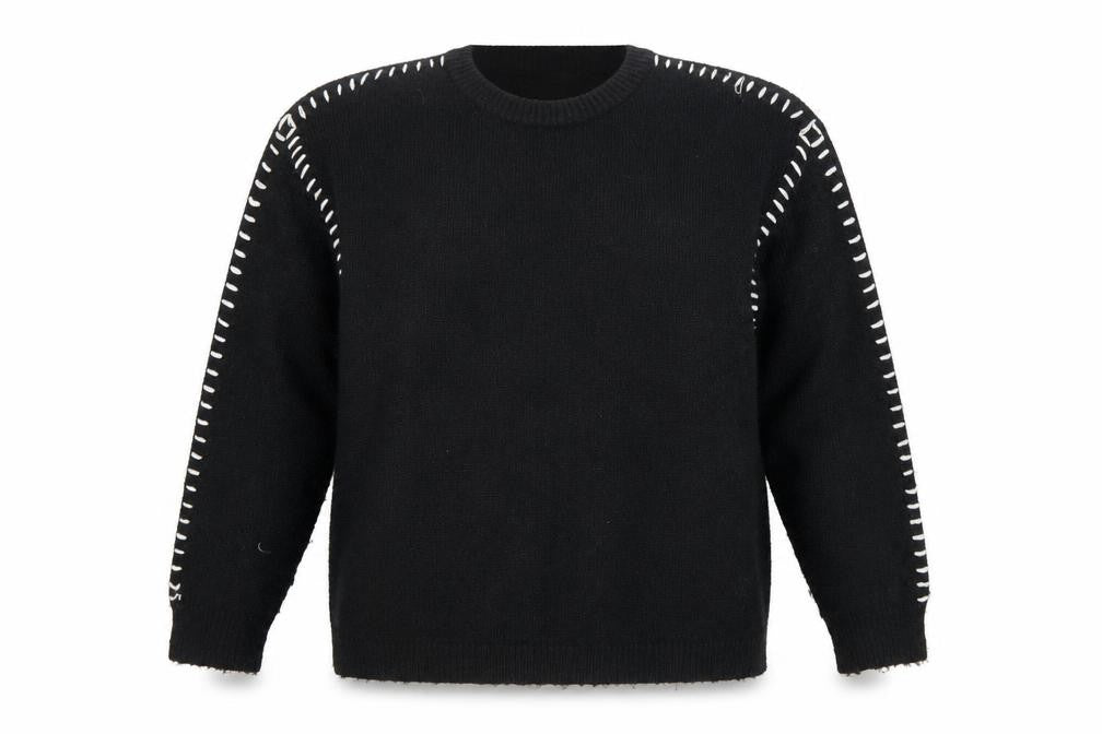 Pieces Women’s Black XL Crew Neck Knit Jumper with White Stitch Detail