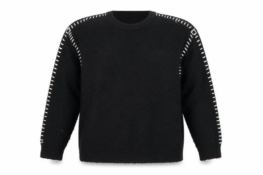 Front view of Pieces Women’s Black XL Crew Neck Knit Jumper with White Stitch Detail