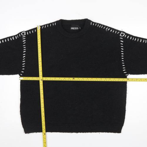 Pieces Women’s Black XL Crew Neck Knit Jumper with White Stitch Detail