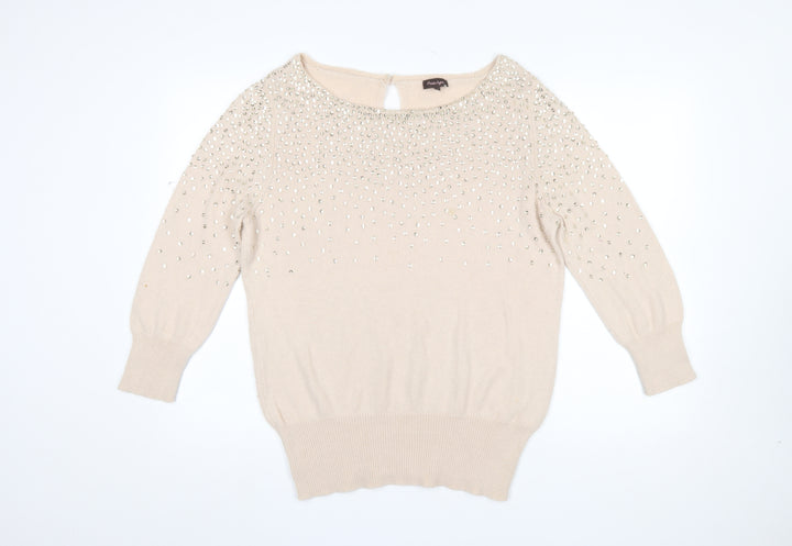 Phase Eight Women’s Beige Beaded Angora Blend 3/4 Sleeve Jumper Size 14