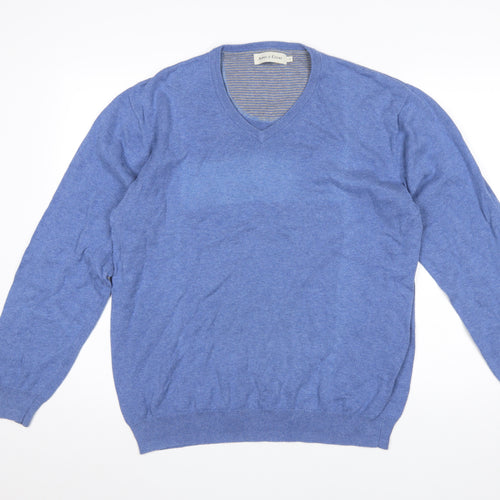Aspen & Court Men's Blue Cotton V-Neck Jumper Size L