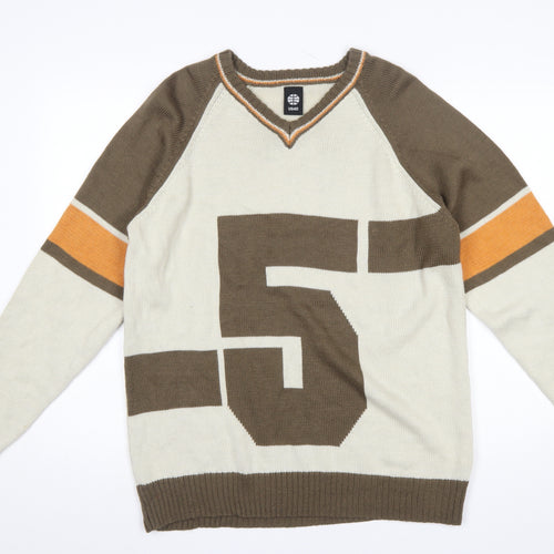 US40 Men’s Beige Brown V-Neck Graphic Pullover Jumper Size L